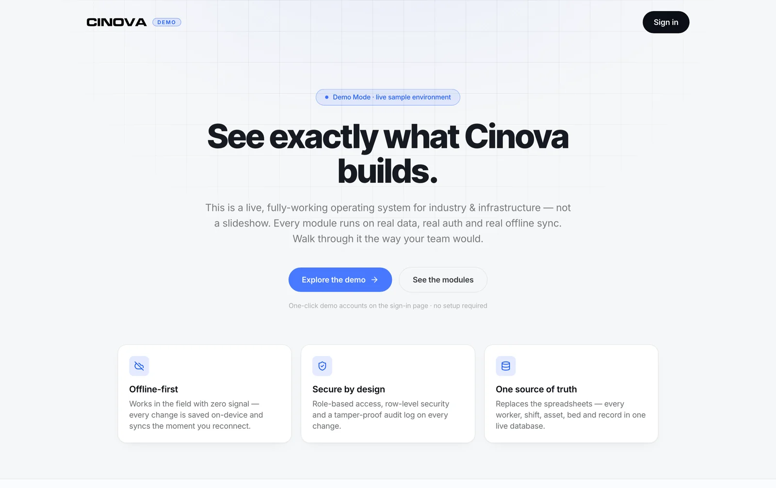 The Cinova demo portal homepage