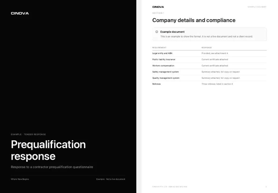 Example tender response, cover and first page