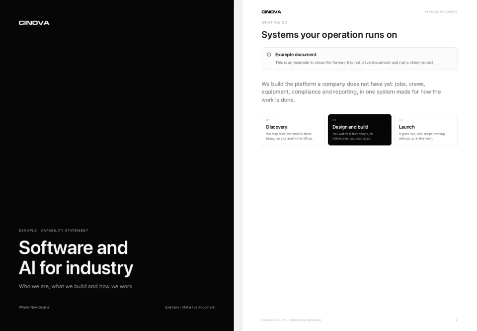 Example capability statement, cover and first page