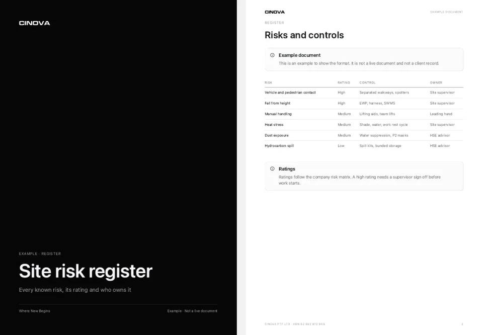 Example risk register, cover and first page