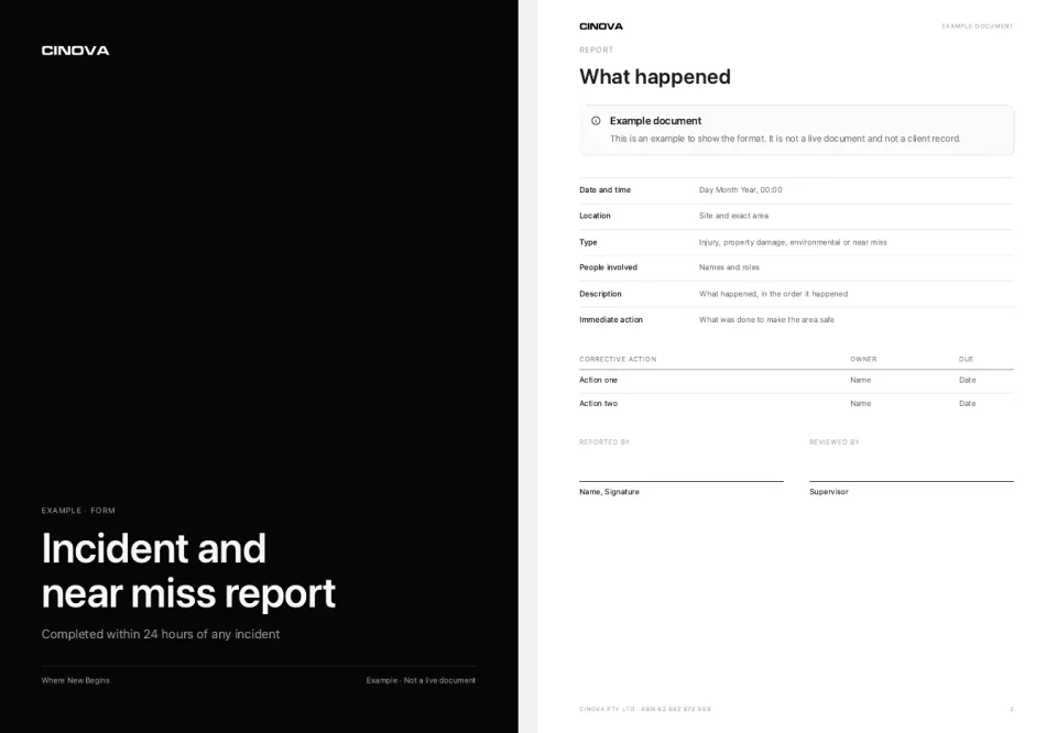 Example incident report, cover and first page