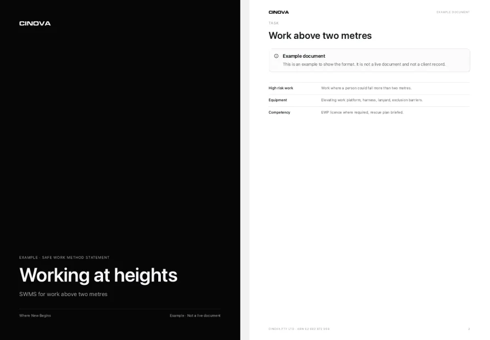 Example safe work method statement, cover and first page