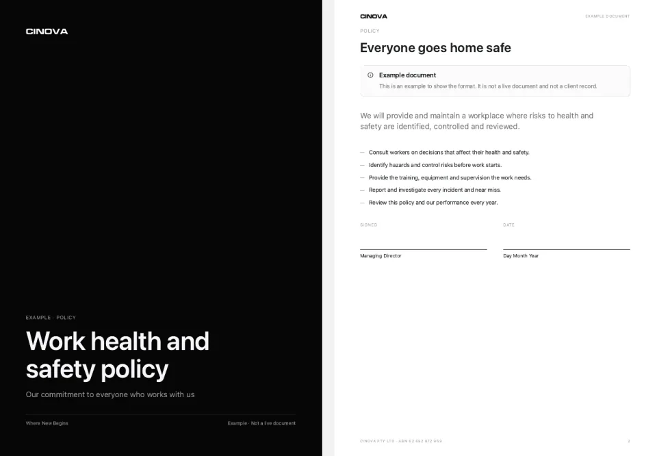 Example safety policy, cover and first page