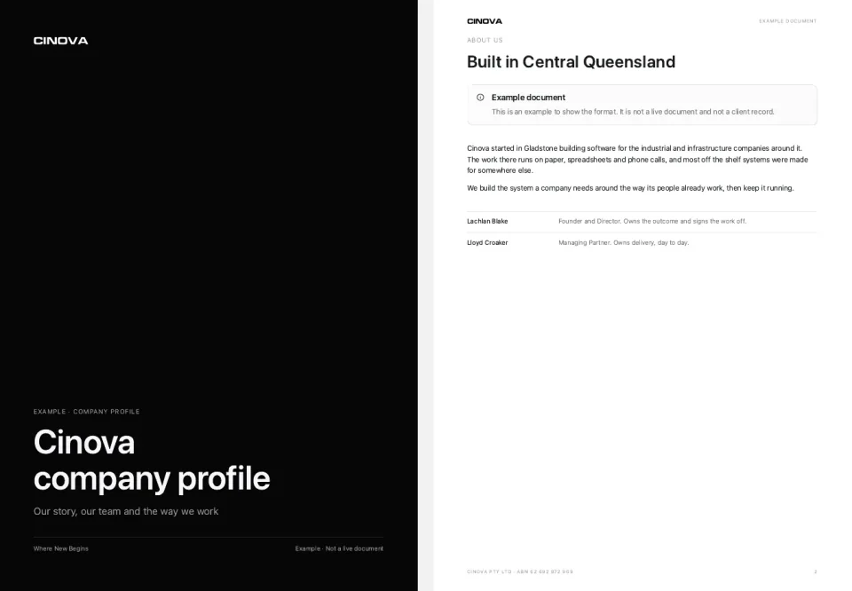 Example company profile, cover and first page