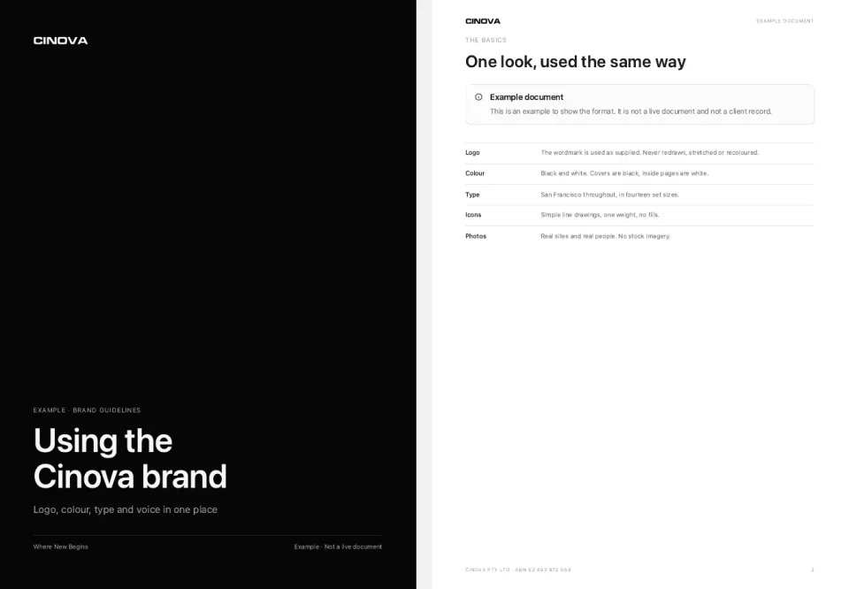 Example brand guidelines, cover and first page
